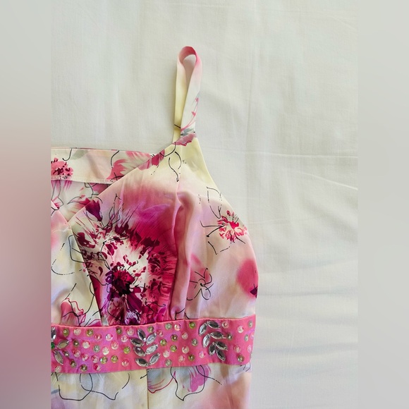 Vintage Pink Floral Watercolour Satin Dress with Bejeweled Belt - Picture 4 of 5